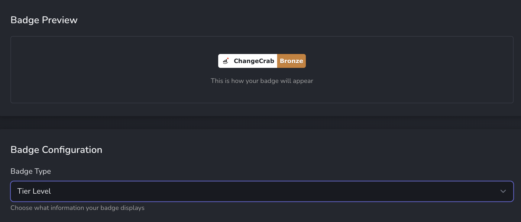 ChangeCrab badge preview and configuration interface