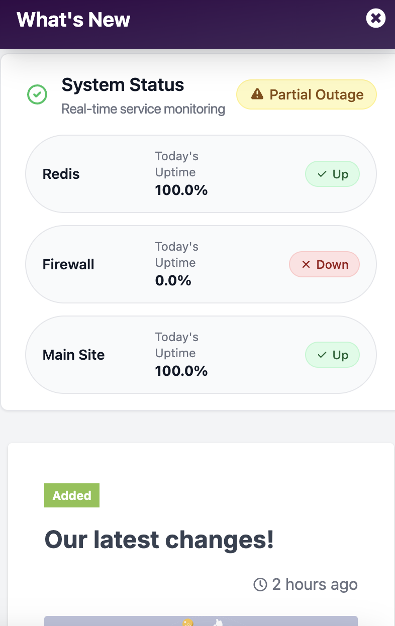 StatusCake integration embedded in a sidebar changelog view, showing Redis, Firewall, and Main Site uptime with a Partial Outage status — demonstrating how real-time service monitoring appears alongside changelog updates